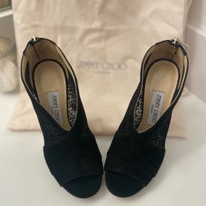 Jimmy Choo suede sandal with flocked mesh burnout panels.